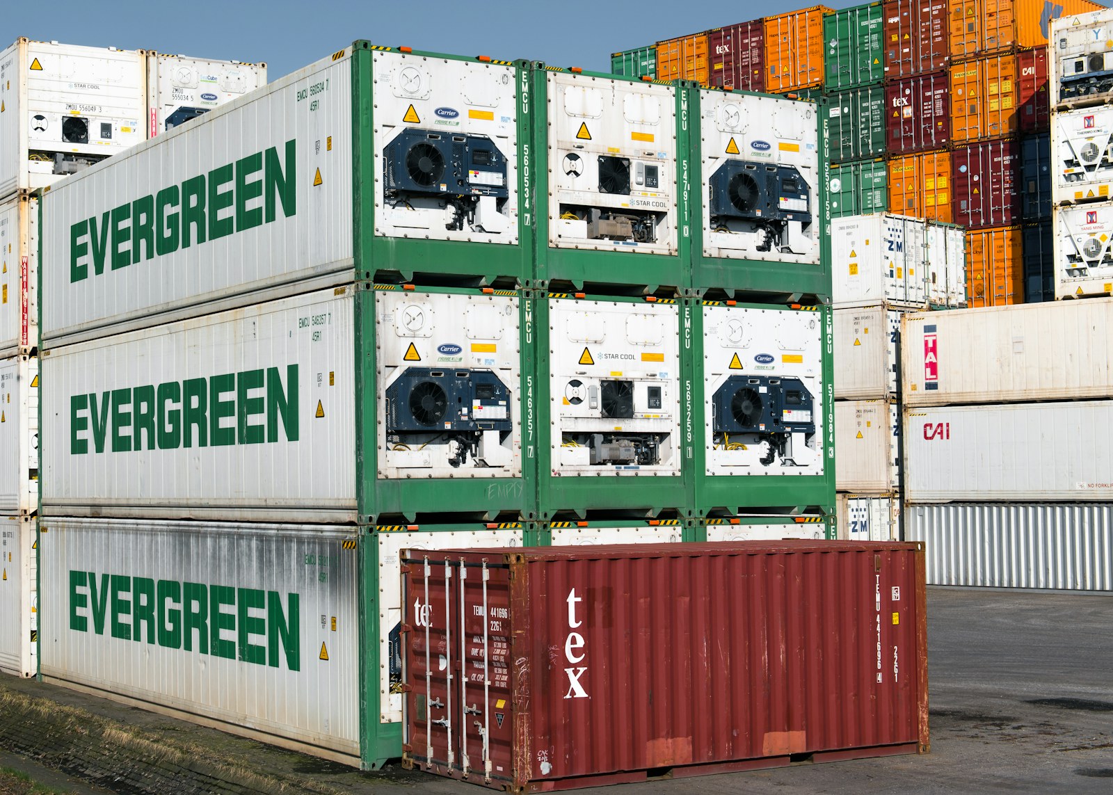 Refrigerated and dry shipping containers at an international port